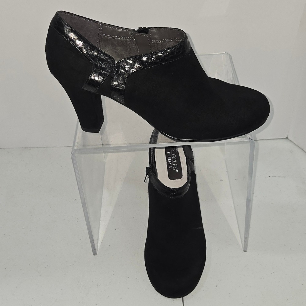 Aerosoles Heelrest Day Stroll Black Suede Croc Trim Ankle Booties Size 8.5M